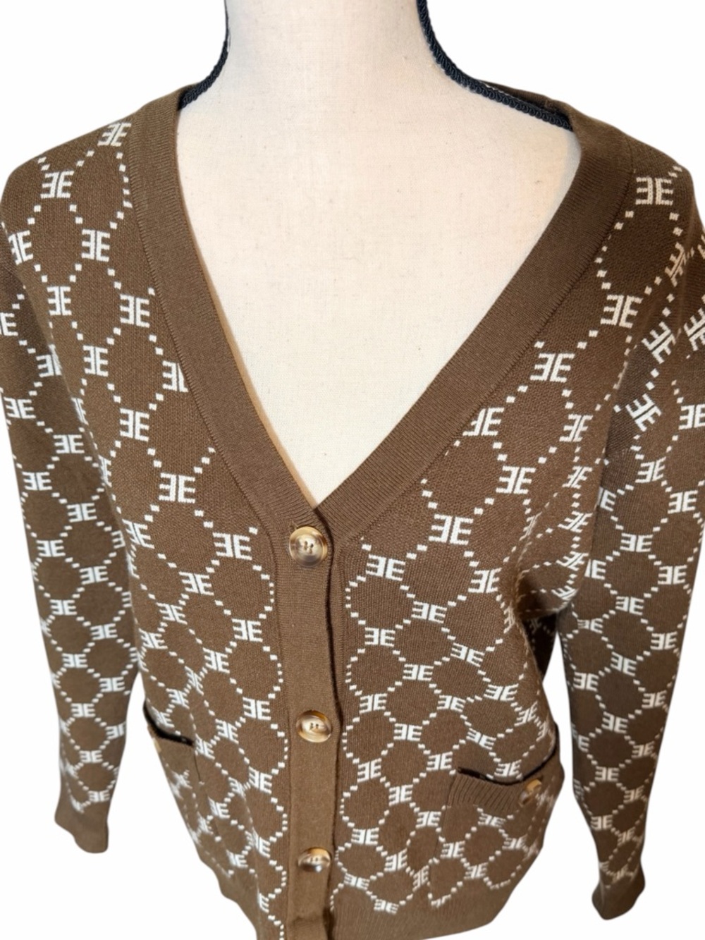 Ellandemm Woman’s Monogram Preppy Academia Cardigan Brown & Ivory 
Size S/M - Picture 2 of 9